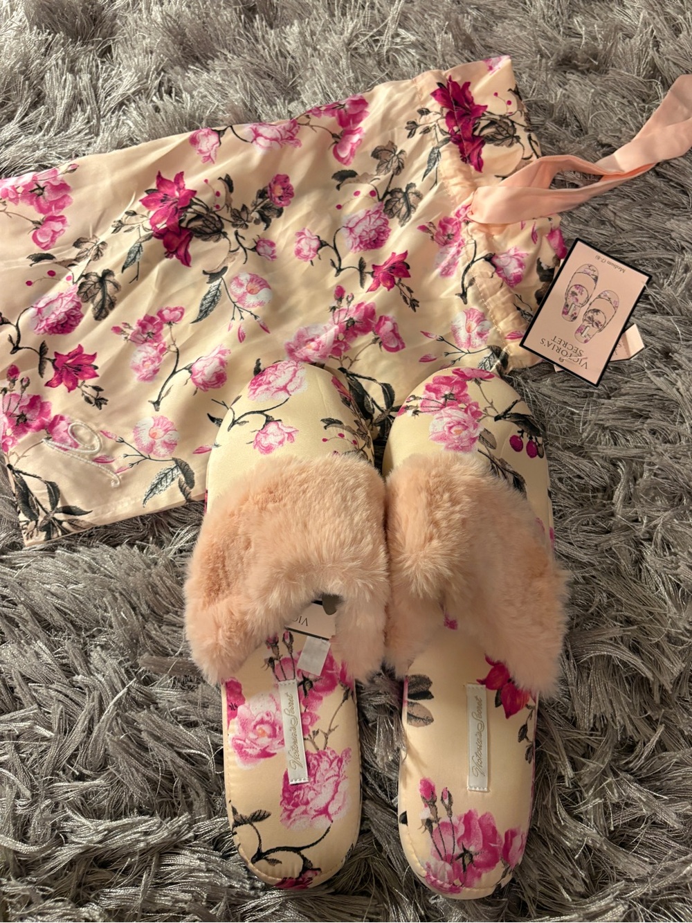 Floral Pink Cream Satin Sleepwear Set with Faux Fur Slippers
